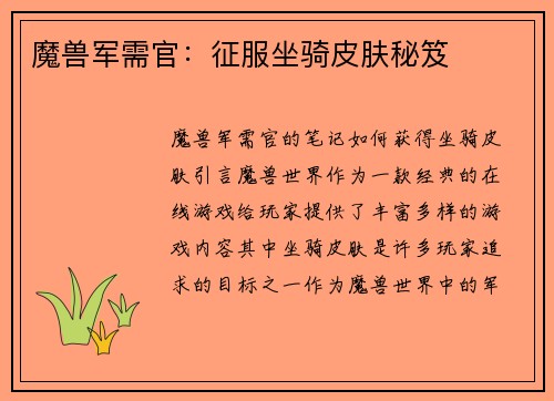 魔兽军需官：征服坐骑皮肤秘笈